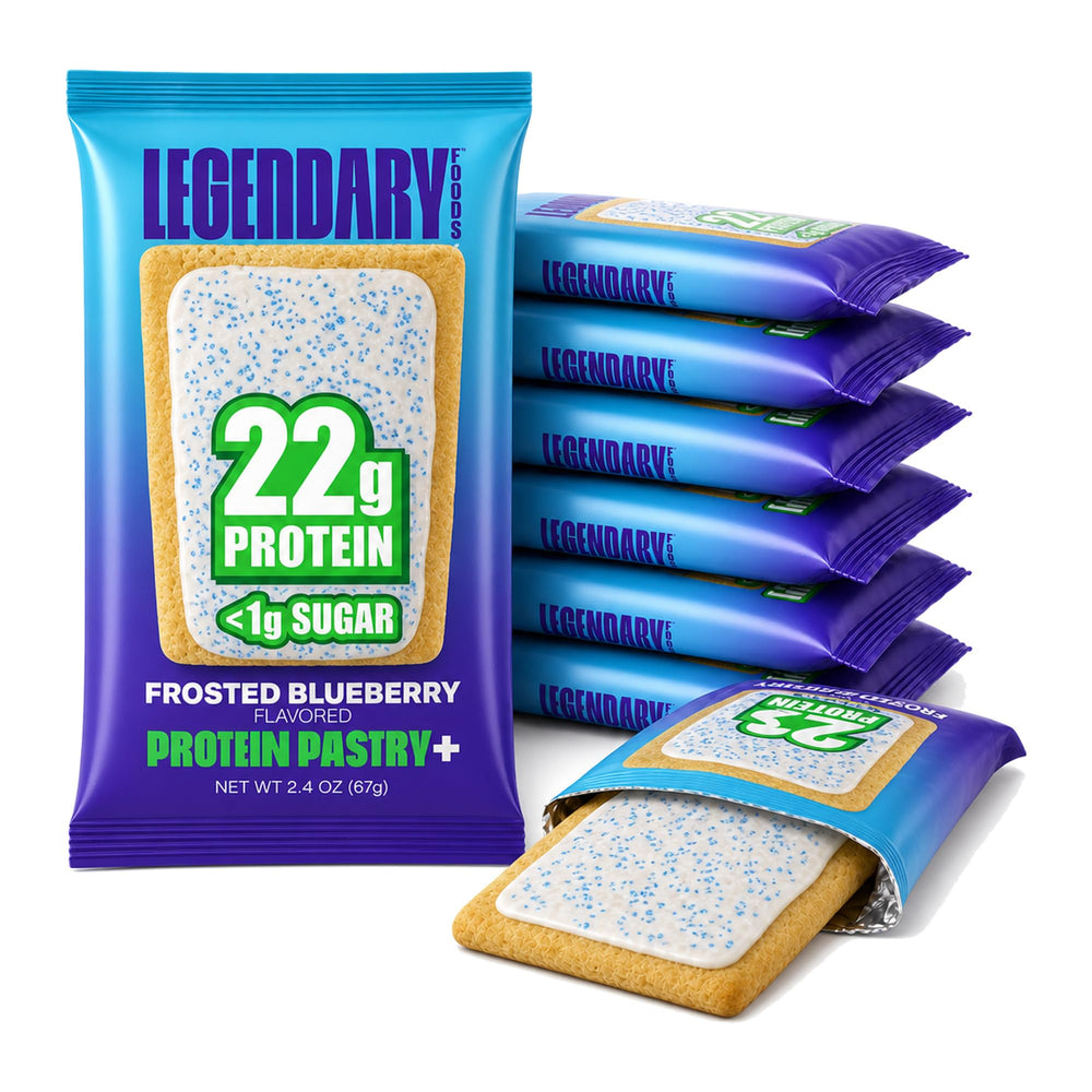 Legendary Foods frontal del pastry blueberry mostrando empaque atractivo y conveniencia