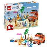 LEGO Bluey front packaging showing set pieces and beach scene, highlights imaginative play