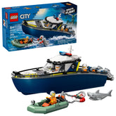 LEGO police boat chase box front showing set contents and play features