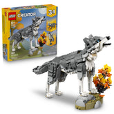 LEGO gray wolf front view showing posable joints and lifelike pose benefits