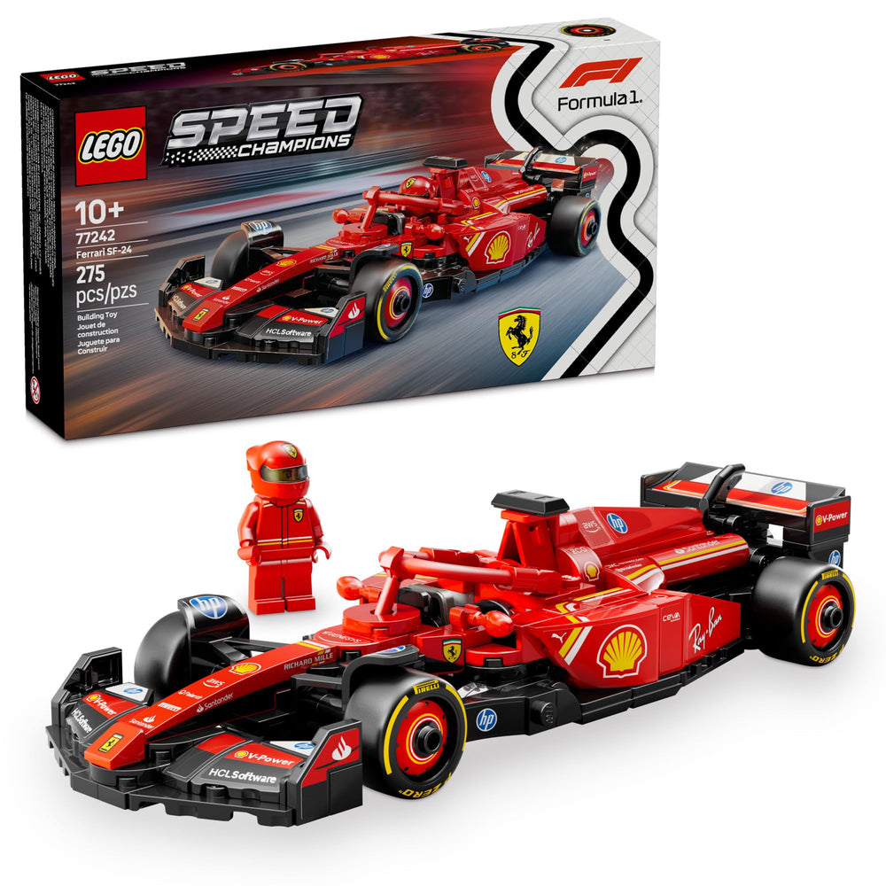 LEGO Ferrari SF-24 vista frontal del paquete y beneficios de exposición