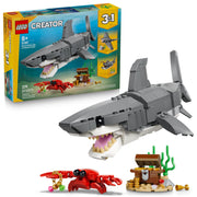 LEGO fierce shark front display with stand showing lively action pose and decor