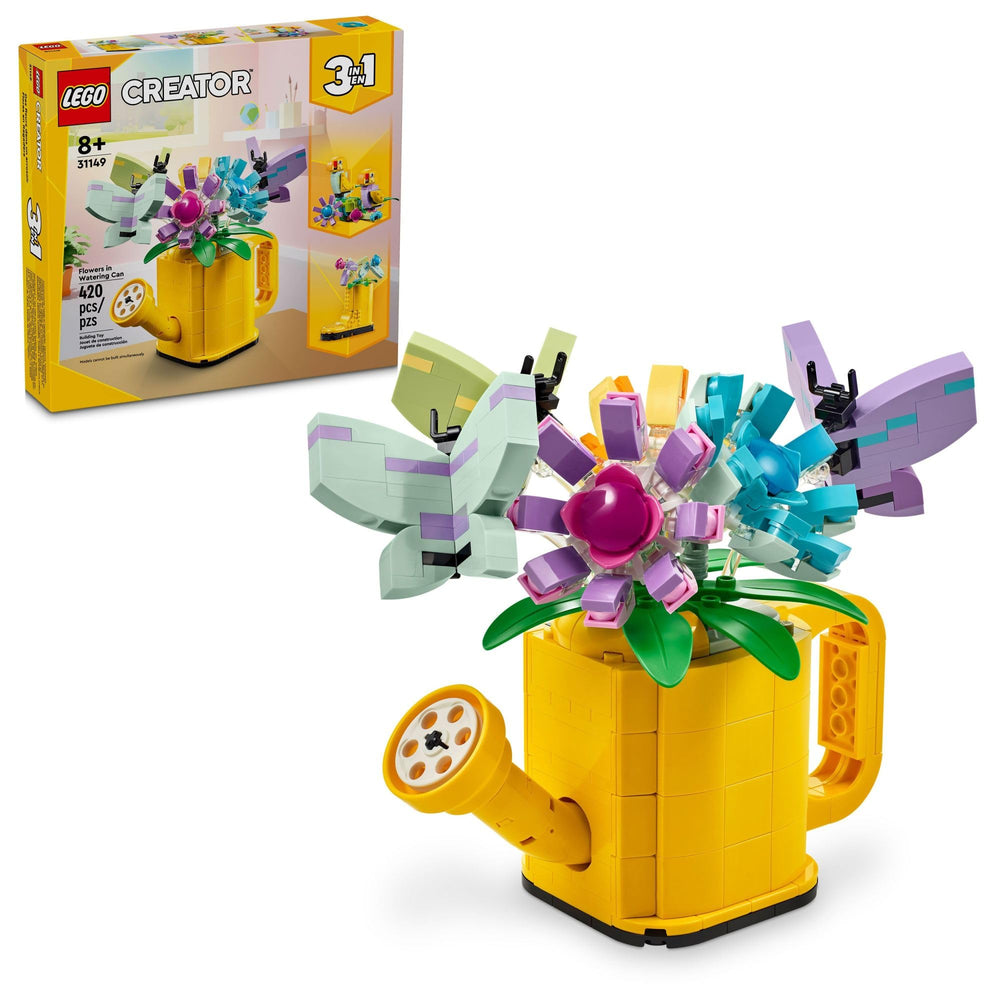 LEGO regadera frontal con flores mostrando colores vivos y diversión
