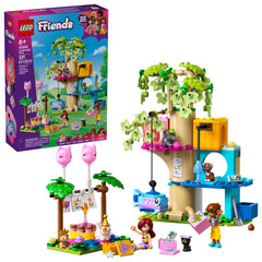 LEGO Friends casa del árbol frontal mostrando la escena de fiesta y accesorios