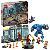LEGO Iron Man laboratorio frontal mostrando todas las armaduras y accesorios, ideal para exhibir