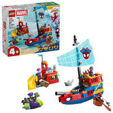 LEGO mostrando el barco pirata frontal con piezas y juego abierto