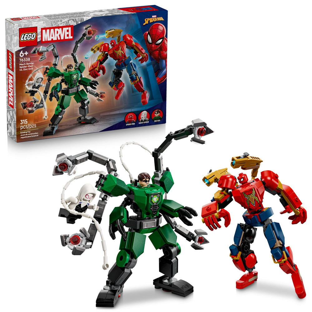 LEGO mecha Spider-Man frontal mostrando piezas y cockpit, diversión creativa