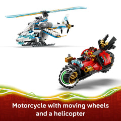 LEGO NINJAGO motorcycle and helicopter vehicles showing action play options