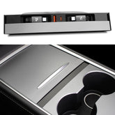 Leikaendi USB hub front installed in Tesla console for cleaner charging