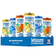 Leisure front packaging of 12-pack showing three flavors and portability benefit