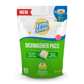 Lemi Shine frente del envase mostrando 65 pacs y etiqueta eco amigable