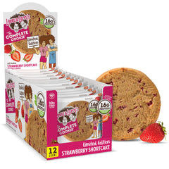 Lenny & Larry's vista frontal del paquete mostrando sabor Strawberry Shortcake y beneficios