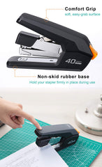 Leven stapler in use with one finger demonstrating easy operation