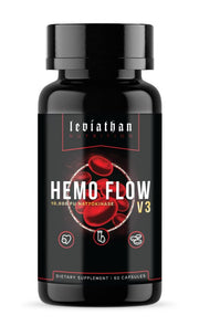 Leviathan Hemo Flow frasco frontal mostrando etiqueta clara y beneficios