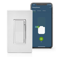 Leviton Decora Smart detalle de botones, ajuste de brillo cómodo y preciso