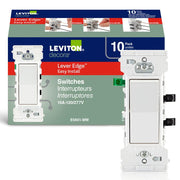 Leviton frontal del paquete de 10 mostrando diseño Decora y acabado blanco, práctico