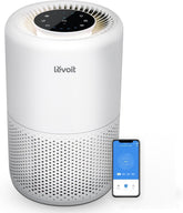Levoit front view showing compact purifier and benefits for clean air