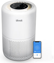 Levoit front view showing compact purifier and benefits for clean air