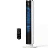 Levoit tower fan front view showing slim profile and stable base for space-saving placement