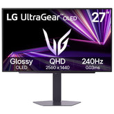 LG UltraGear front view showing glossy QHD OLED and immersive contrast
