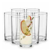 Libbey front view of eight tumblers showing clear glass and polished finish for elegant table presentation