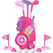 Liberry front packaging showing pink toddler golf set and included accessories for safe play