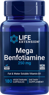 Life Extension front packaging of Mega Benfotiamine showing bottle and brand benefits