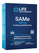 Life Extension frasco frontal mostrando SAMe 400 mg y beneficios destacados