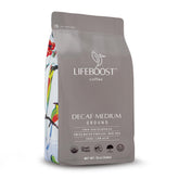 LIFEBOOST front packaging showing medium roast decaf and organic badge for trustworthy flavor