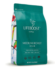 Lifeboost front packaging showing medium roast and organic label, conveys trust
