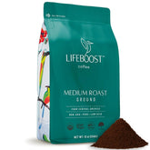Lifeboost front package showing organic low-acid ground coffee benefits