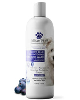 Lillian Ruff frontal de la botella Berry Blue mostrando diseño y tamaño