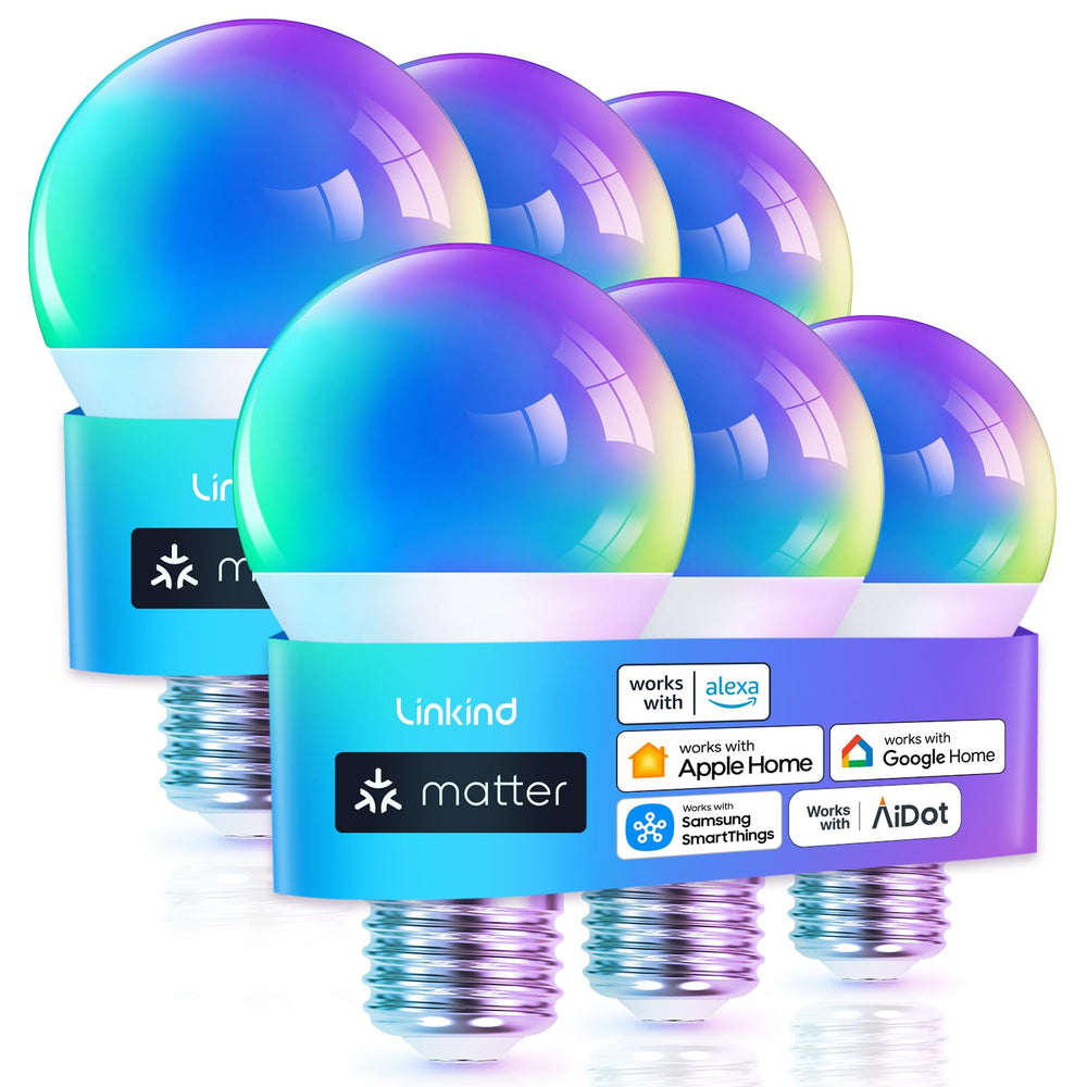 Linkind bulb front view showing sleek A19 shape and universal E26 base benefit: easy replacement