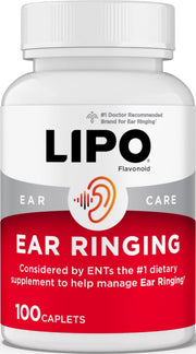 Lipo-Flavonoid envase frontal mostrando caplets y apoyo auditivo