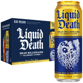 Liquid Death lata Dead Billionaire vista frontal mostrando diseño y tamaño