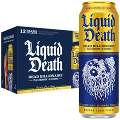 Liquid Death lata Dead Billionaire vista frontal mostrando diseño y tamaño