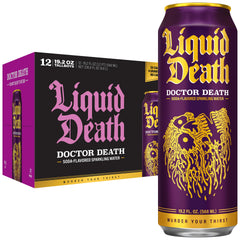Liquid Death front can showing Doctor Death design and bold flavor