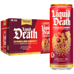 Liquid Death front can showing Murder Mystery label and bold graphics, eye-catching branding