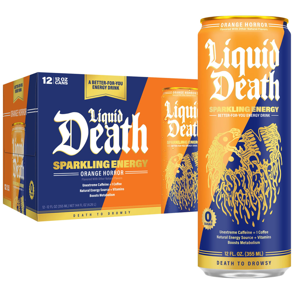 Liquid Death can front packaging showing orange horror label and bold branding for shelf impact
