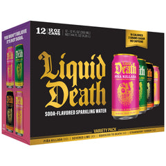 Liquid Death pack frontal mostrando las cuatro latas y el diseño impactante