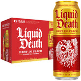 Liquid Death frente de lata Rest In Peach mostrando diseño y beneficio sabor intenso