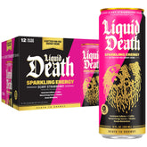 Liquid Death front can showing scary strawberry branding and quick energy benefit