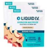 Liquid I.V. caja de 42 sobres White Peach mostrando empaque y ventaja de conveniencia
