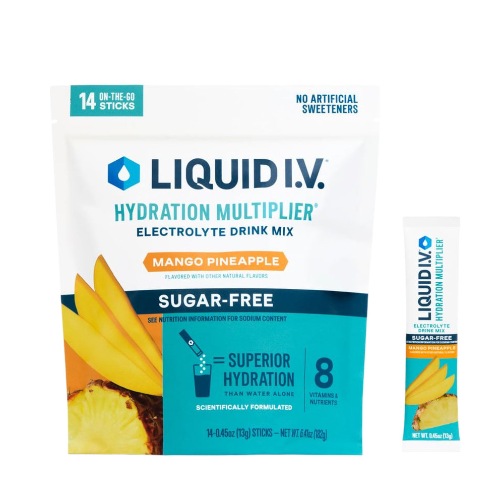 Liquid I.V. caja frontal Mango Pineapple mostrando conveniencia y sabor
