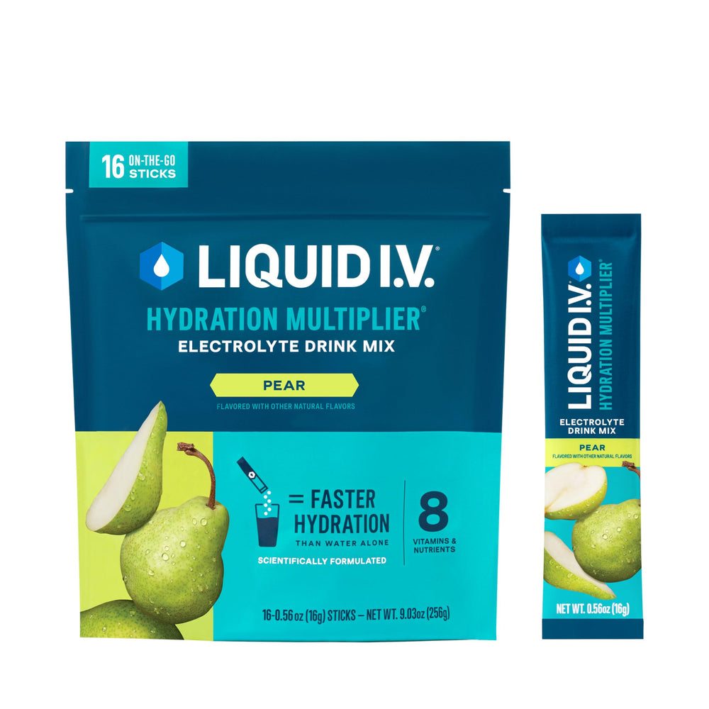 Liquid I.V. vista frontal del empaque sabor Pera, fácil identificación y transporte