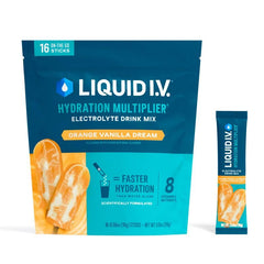 Liquid I.V. frente del empaque mostrando caja y cantidad de sobres, hidratación portátil