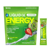 Liquid I.V. empaque frontal mostrando 14 sobres y sabor Fresa Kiwi beneficios claros