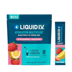 Liquid I.V. caja frontal Strawberry Lemonade mostrando sobres fáciles