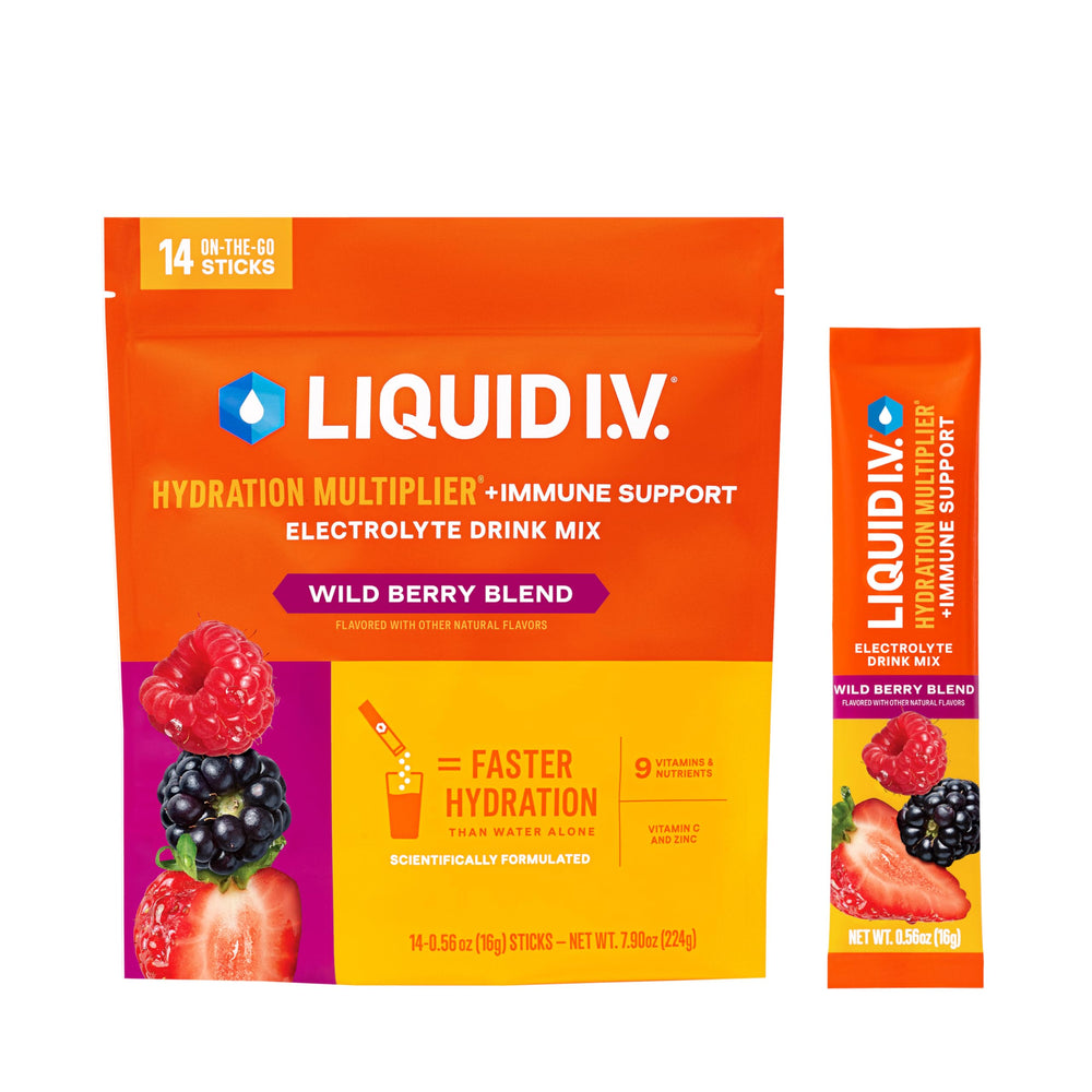 Liquid I.V. frontal del empaque Wild Berry mostrando 14 sobres y beneficios