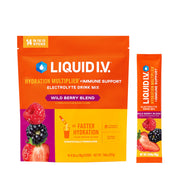 Liquid I.V. frontal del empaque Wild Berry mostrando 14 sobres y beneficios